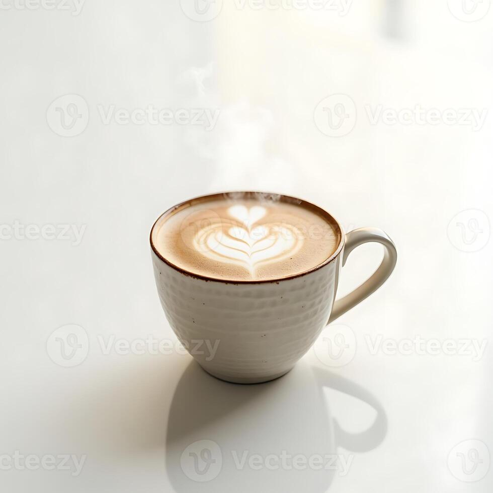 Steaming Coffee with Latte Art in White Textured Mug photo