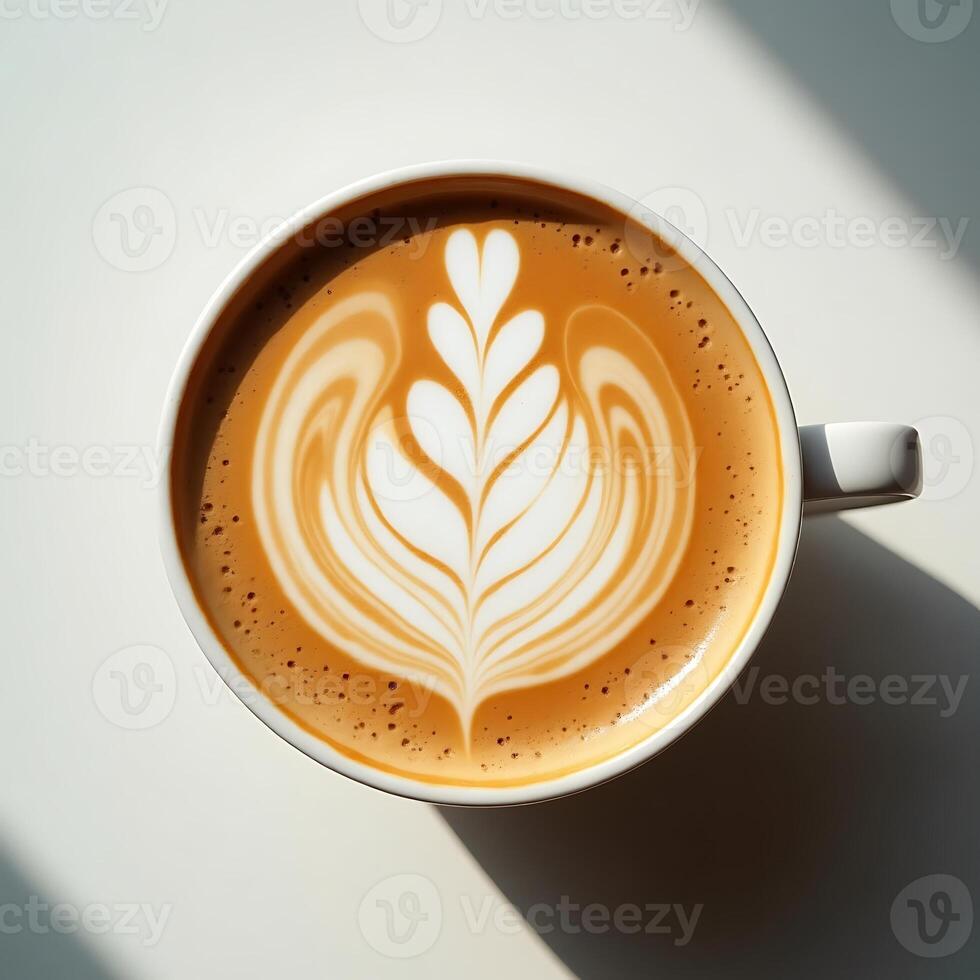 Latte Art in Ceramic Mug, Coffee Drink on White Surface photo