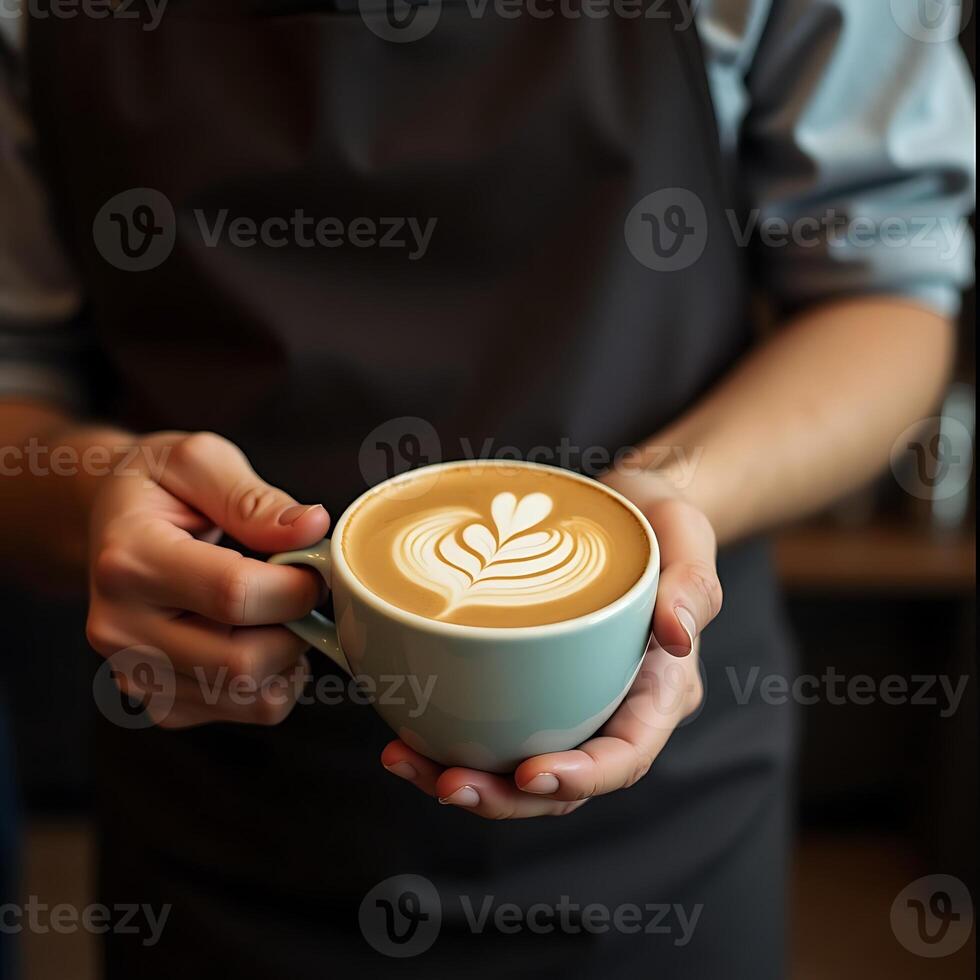 Holding Cup of Latte with Heart Shaped Art in Cozy Setting photo