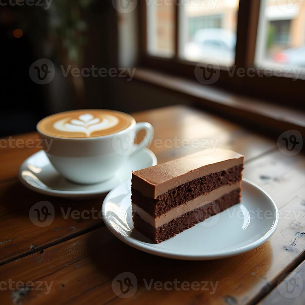 Enjoying Coffee with Latte Art and Chocolate Cake Slice on a Wooden Table photo
