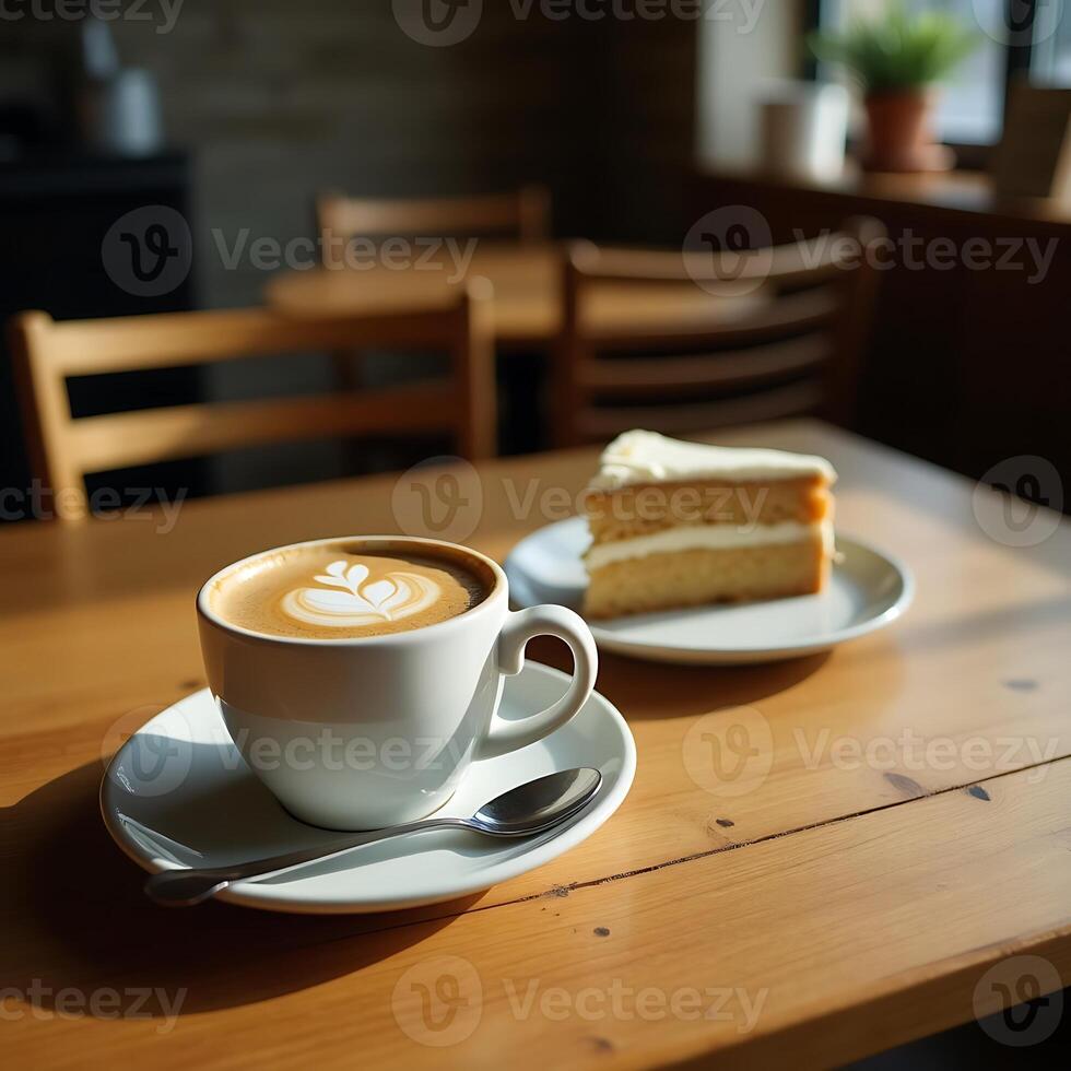 Enjoying Latte with Cake Slice on Wooden Table in Cafe photo