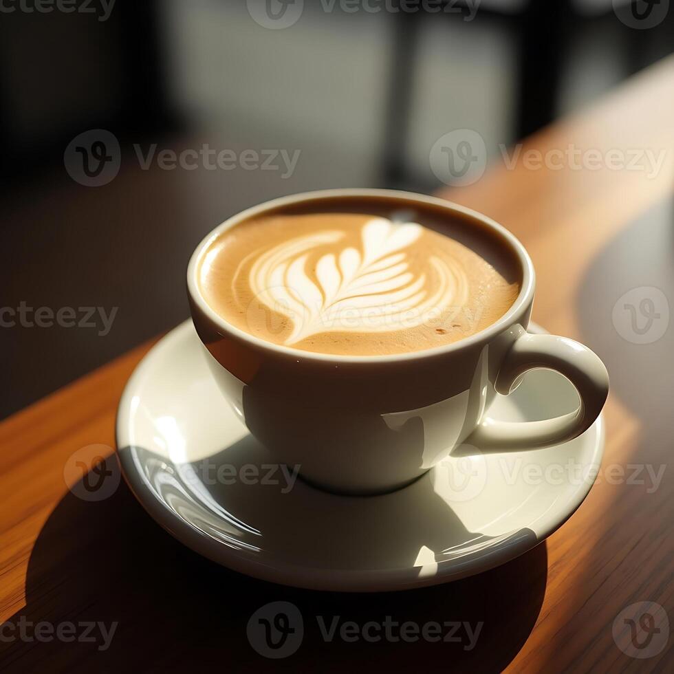 Enjoying Latte Art a Cup of Coffee with Leaf Design on Wooden Table in Warm Light photo