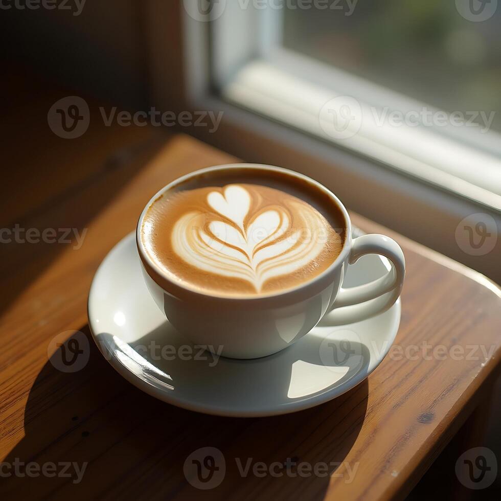 Latte Art Coffee on Table by Window Light Refreshment Break photo
