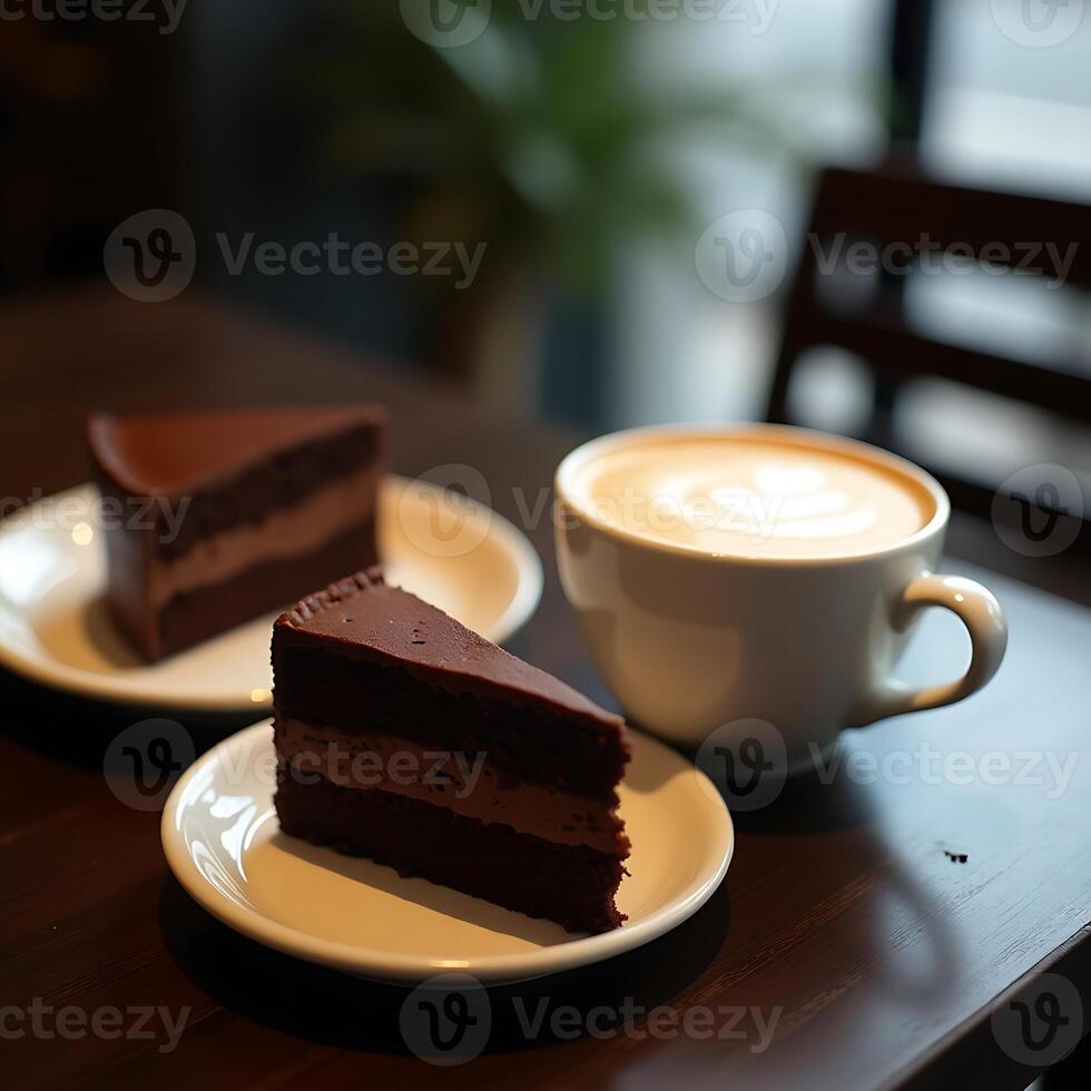 Enjoying Chocolate Cake with Coffee at Cafe photo