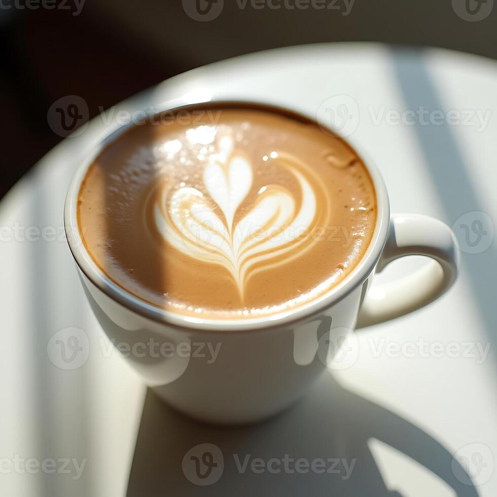 Pouring Latte Art Design in a Ceramic Cup on a Sunny Table photo