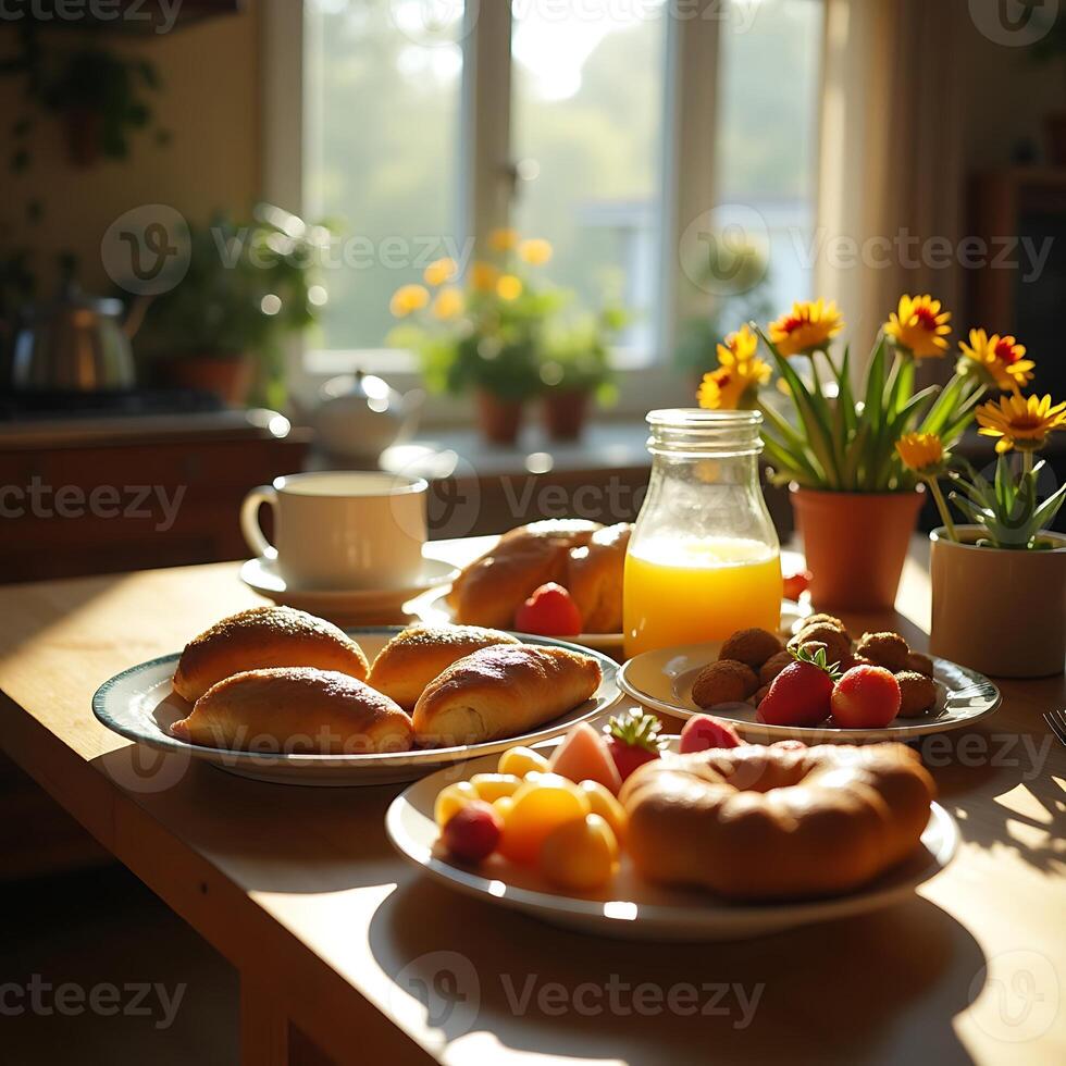 Breakfast Still Life with Pastries Fruit and Orange Juice photo