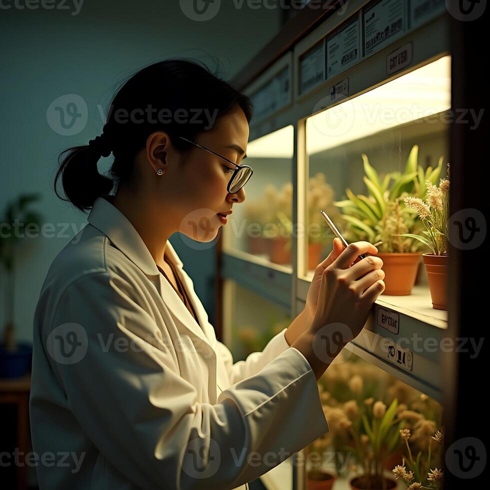 Scientist Examining Plant Growth in Controlled Environment photo