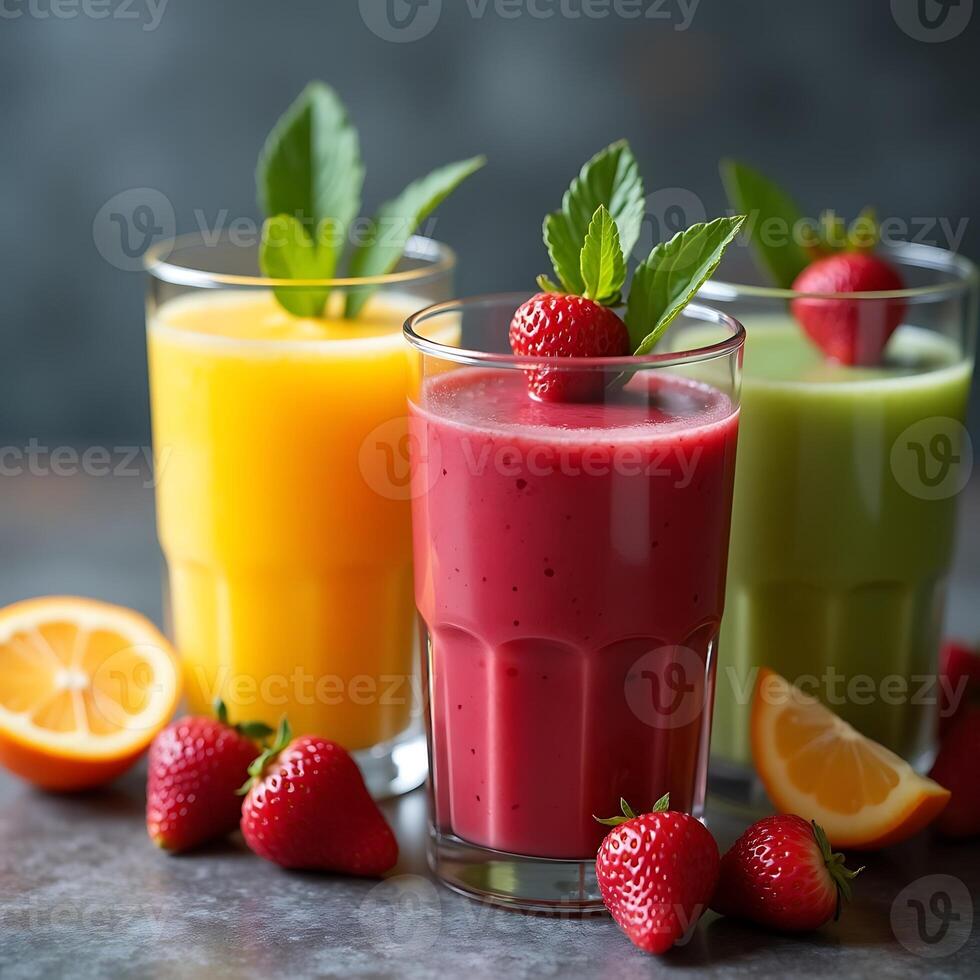 Colorful Fruit Smoothies with Strawberries and Orange Slices photo