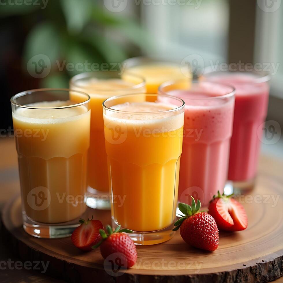 Assorted Fruit Juices in Glasses with Strawberries on Wooden Board photo