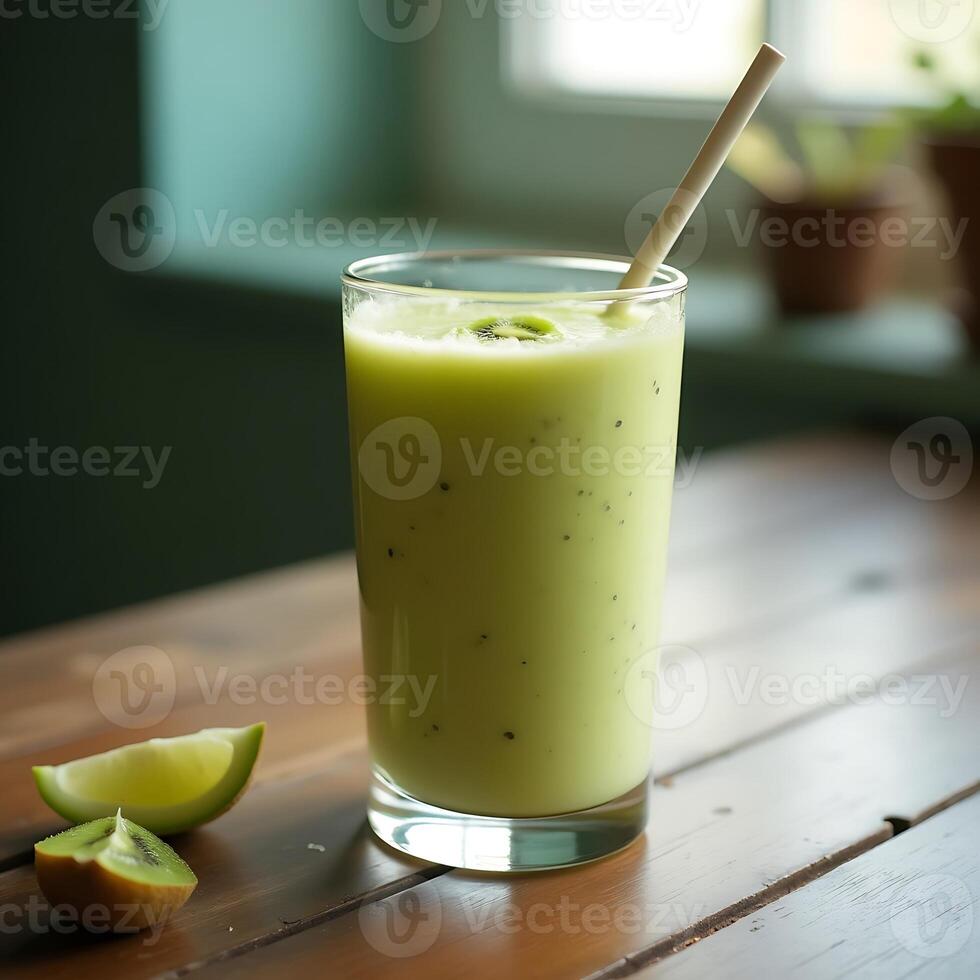 Preparing Fresh Kiwi Smoothie with Lime on Wooden Table photo