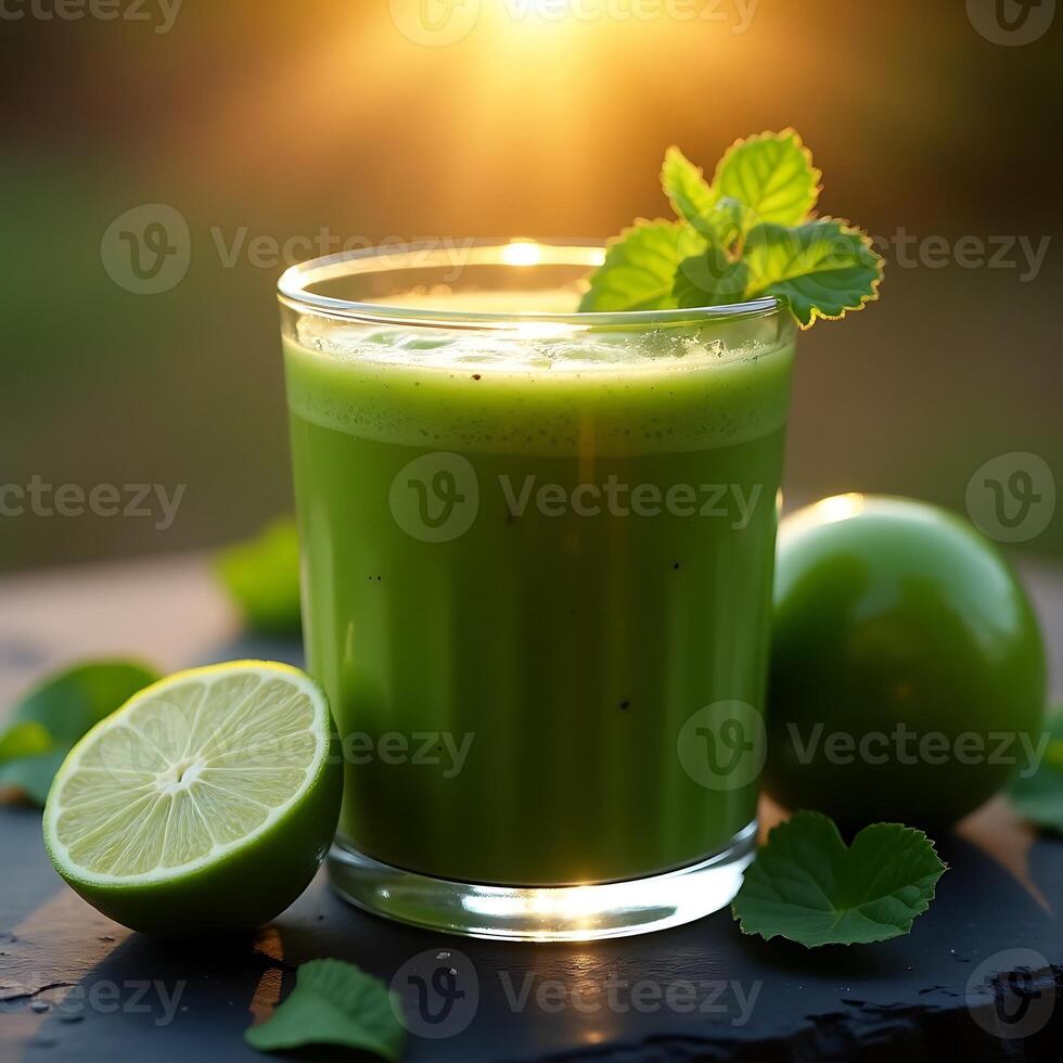 Drinking Green Smoothie with Lime and Mint in the Sunlight photo