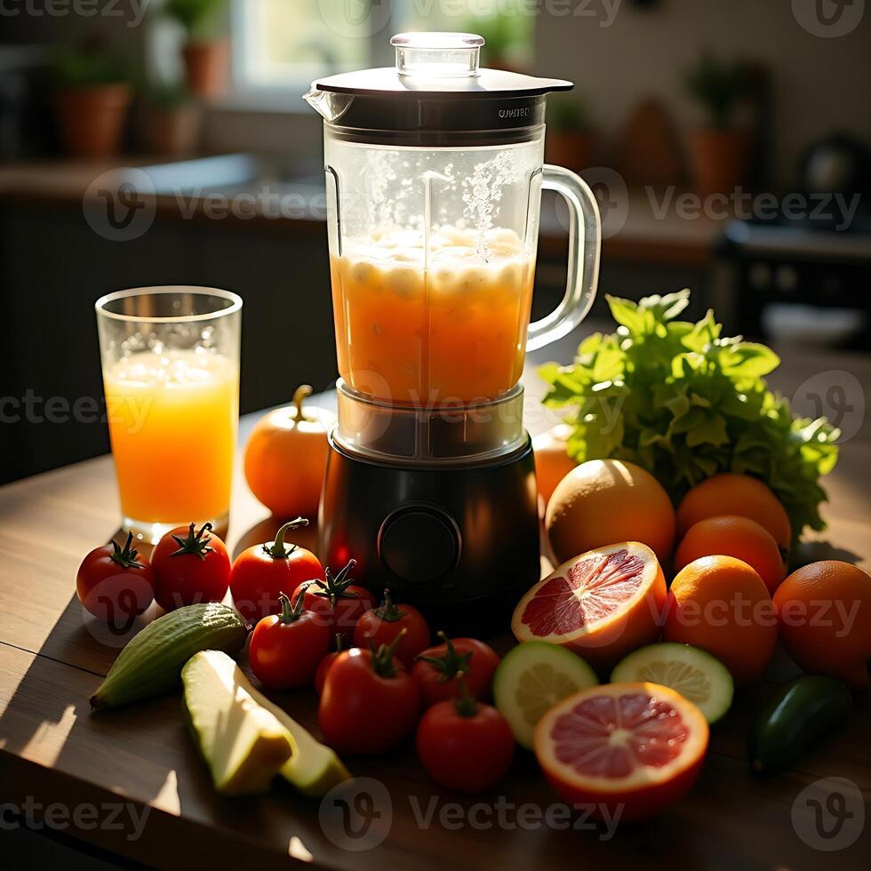 Blending Fruits and Vegetables for Healthy Smoothie Preparation photo