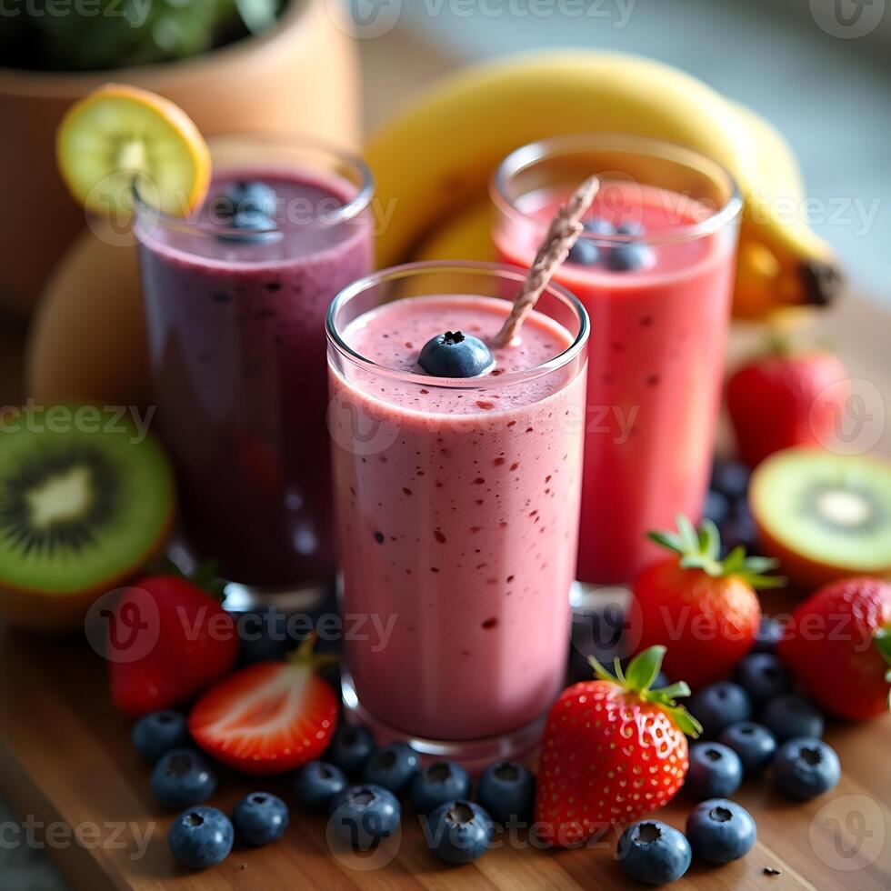 Colorful Fruit Smoothies with Fresh Berries and Kiwi on Wooden Board photo