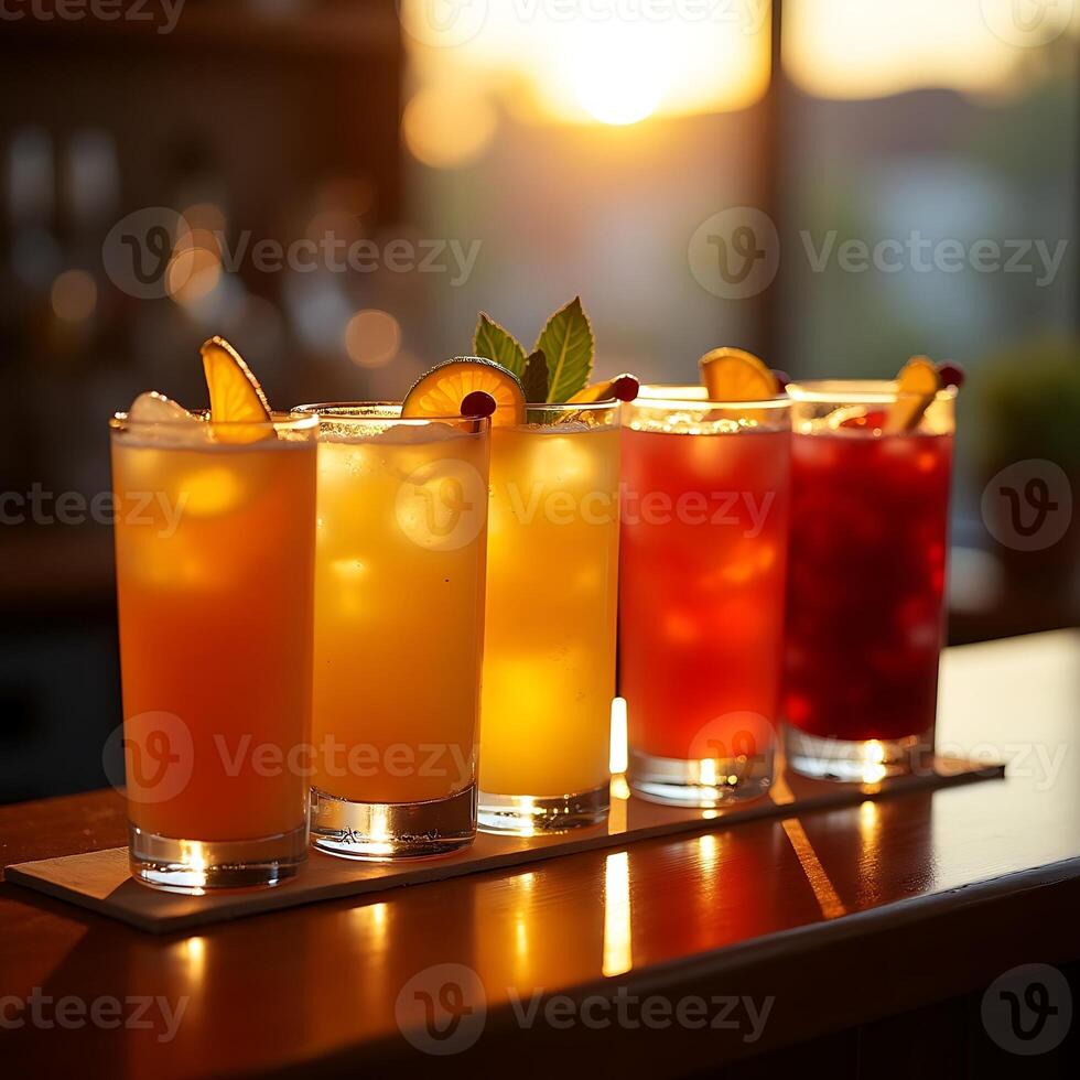 Colorful Refreshing Drinks at Sunset with Citrus and Ice photo