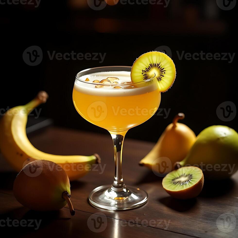 Craft Cocktail with Kiwi Garnish and Tropical Fruits photo