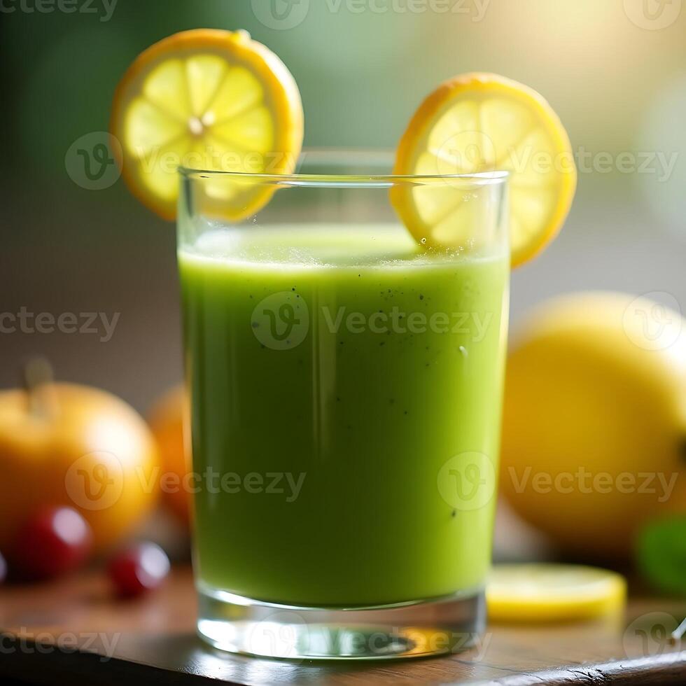 Drinking Green Smoothie with Lemon Slices in Glass photo