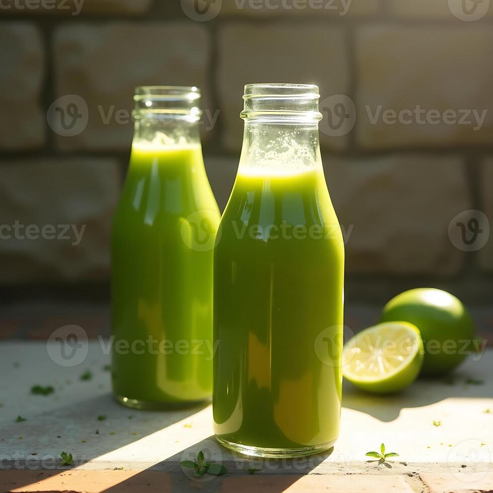 Green Juice in Glass Bottles with Limes on Sunny Patio photo
