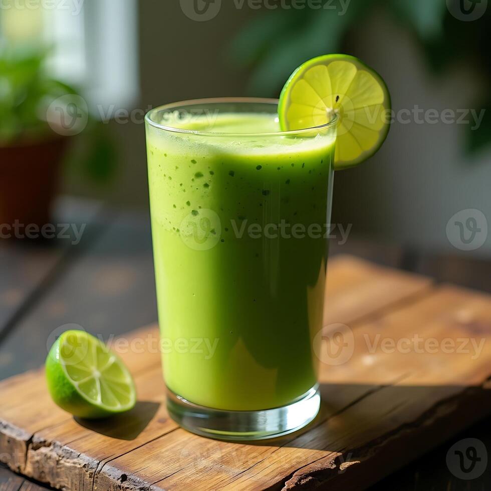 Green Smoothie with Lime on Wooden Board in Natural Light photo