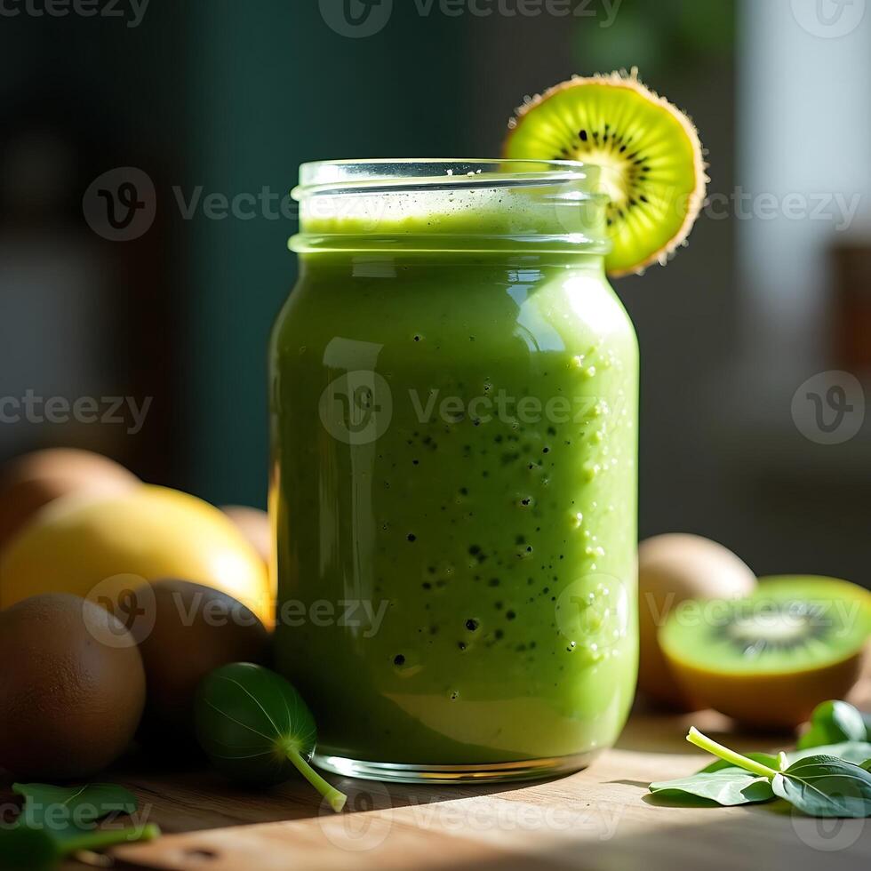 Making Green Smoothie with Kiwi in Glass Jar on a Wood Table photo