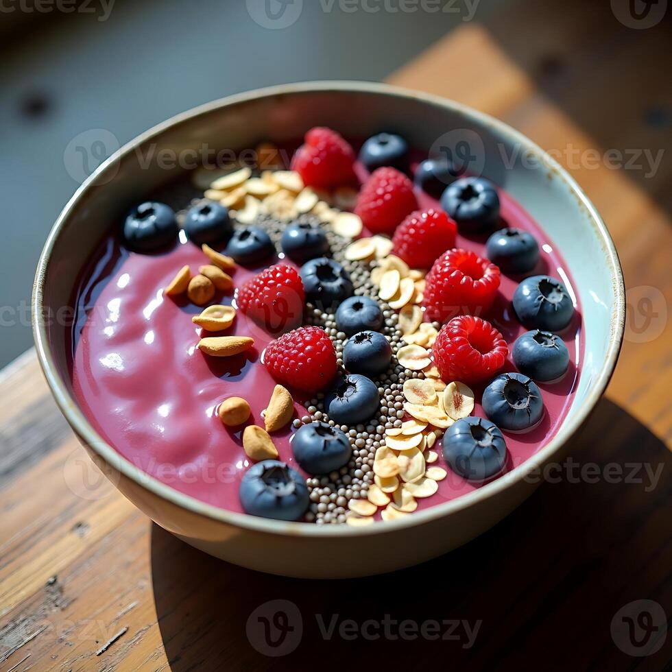 Berry Smoothie Bowl with Raspberries and Blueberries on Wooden Surface photo