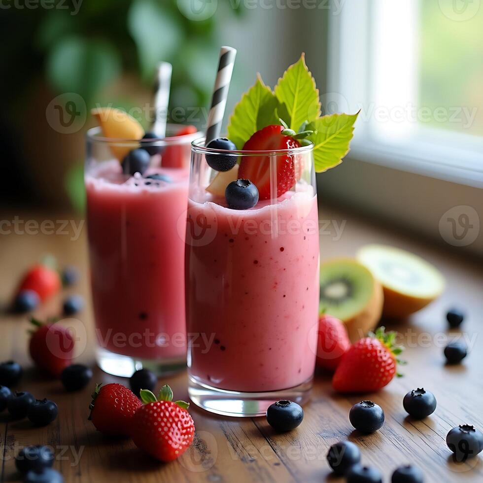 Preparing Refreshing Fruit Smoothies with Strawberry and Blueberry photo
