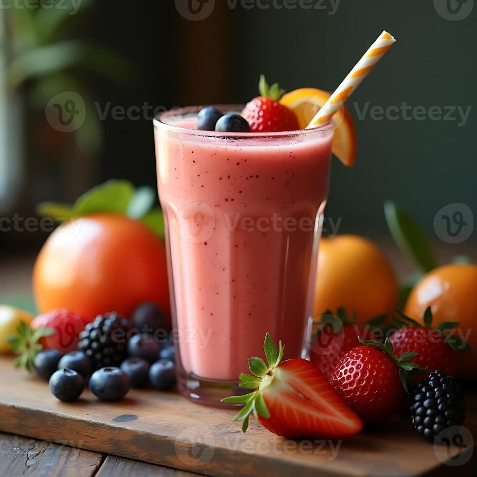 Preparing Fresh Fruit Smoothie in Glass with Mixed Berries and Oranges photo