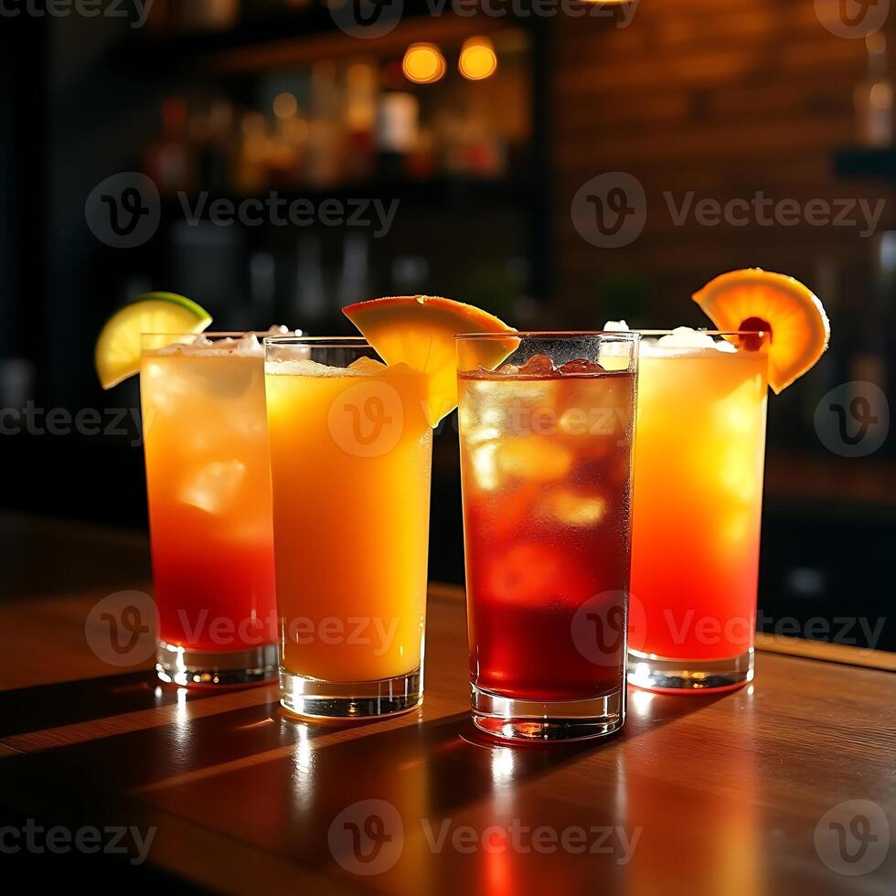 Colorful Cocktails on Bar Counter with Fruit Garnish in Restaurant photo