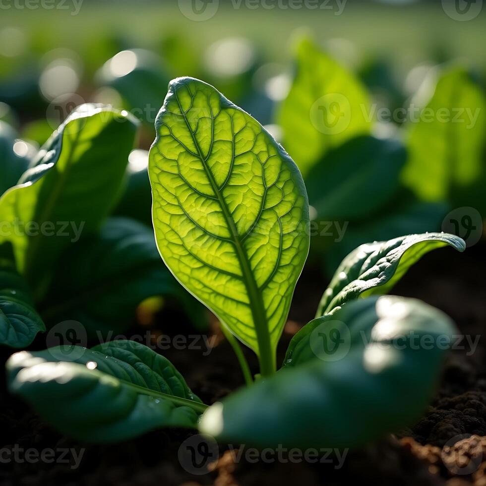 Close-up of Green Leaf Growing in Soil Sunlight Shining Through photo
