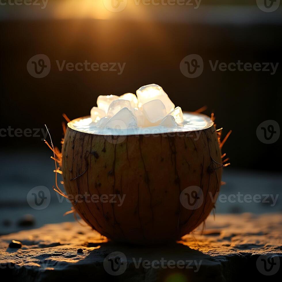 Coconut Filled with Ice at Sunset Tropical Refreshment photo