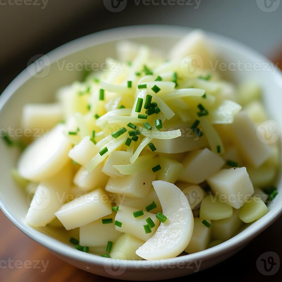 Preparing Refreshing Turnip Salad with Fresh Chives in a Bowl photo