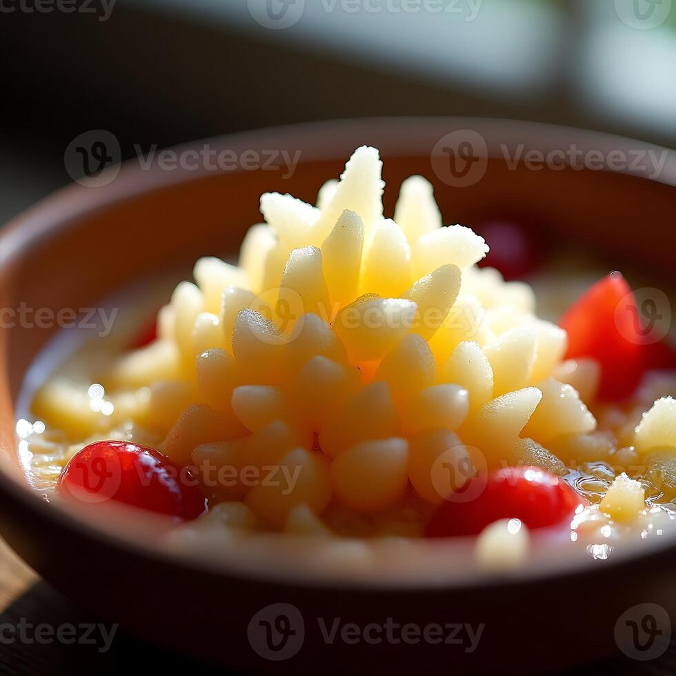 Pear Dessert in Bowl with Red Berries Close Up photo