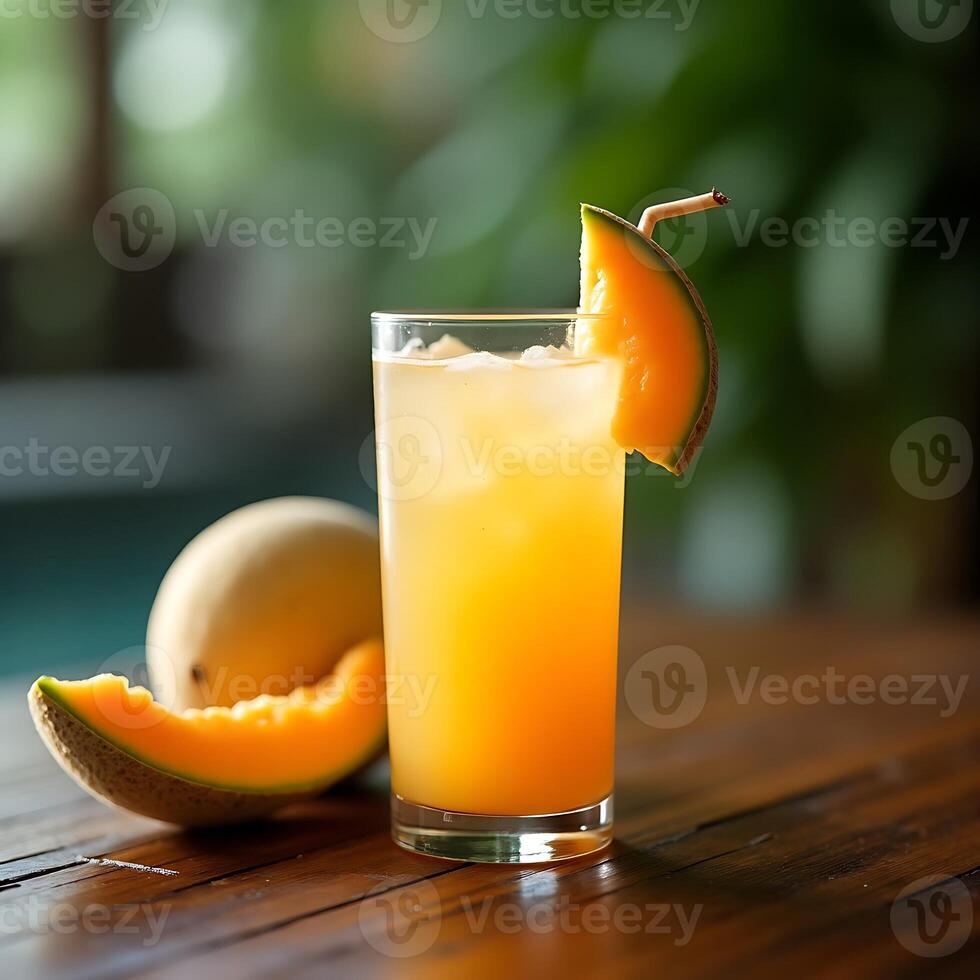 Refreshing Melon Juice Drink with Ice on Wooden Table photo
