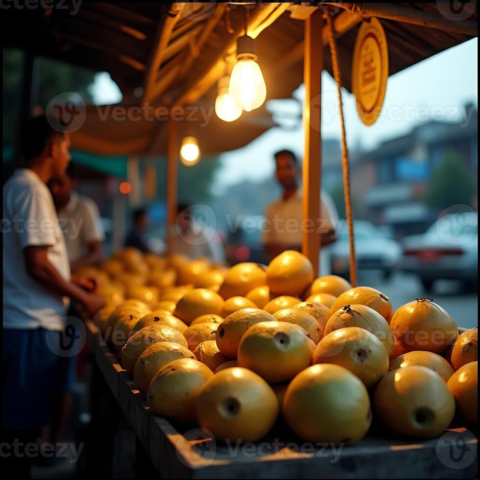 Buying Exotic Fruit at Night Street Food Market Stall photo