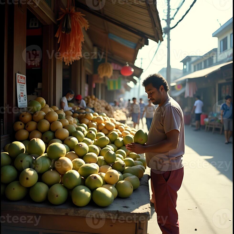 Man Inspecting Fruit at Outdoor Market photo