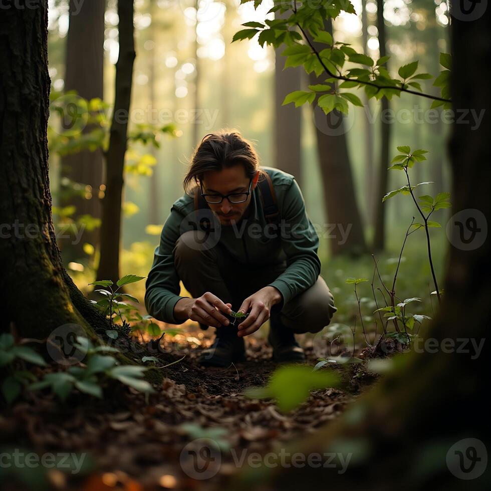 Man Examining Plant Seedling While Squatting in Forest Sunlight photo