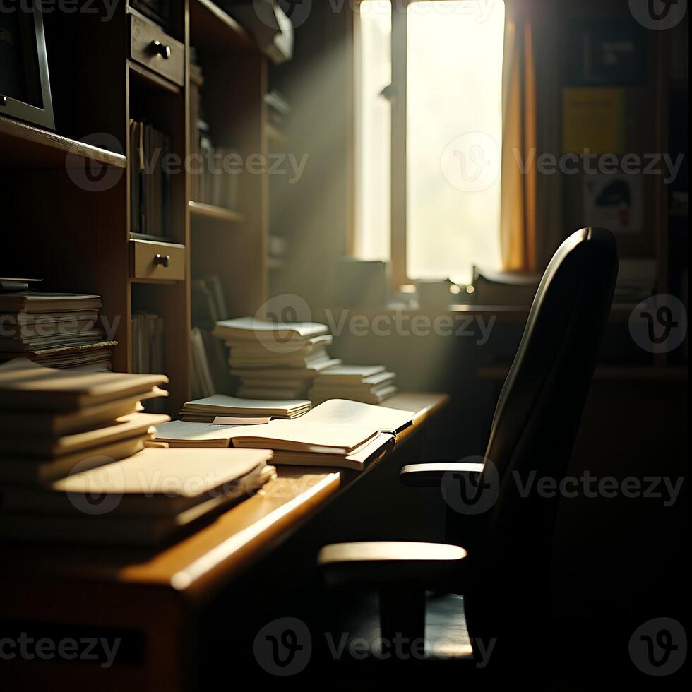 Studying at Desk with Books and Natural Light Coming Through Window photo