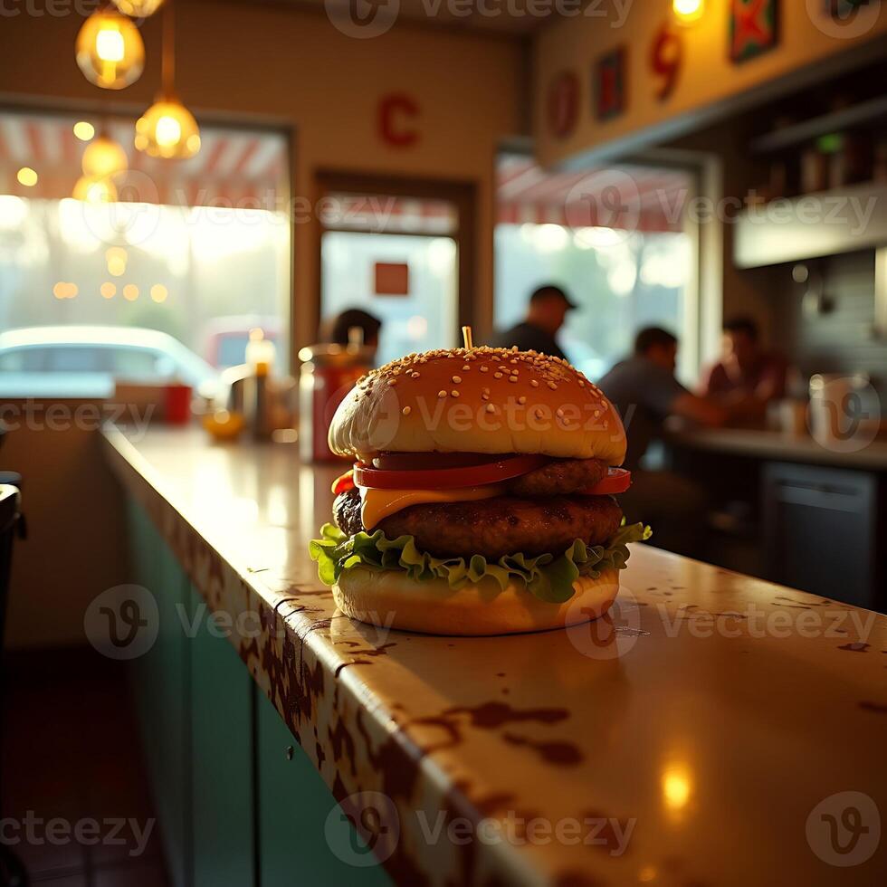 Double Cheeseburger on Counter in Diner Ready to Eat photo