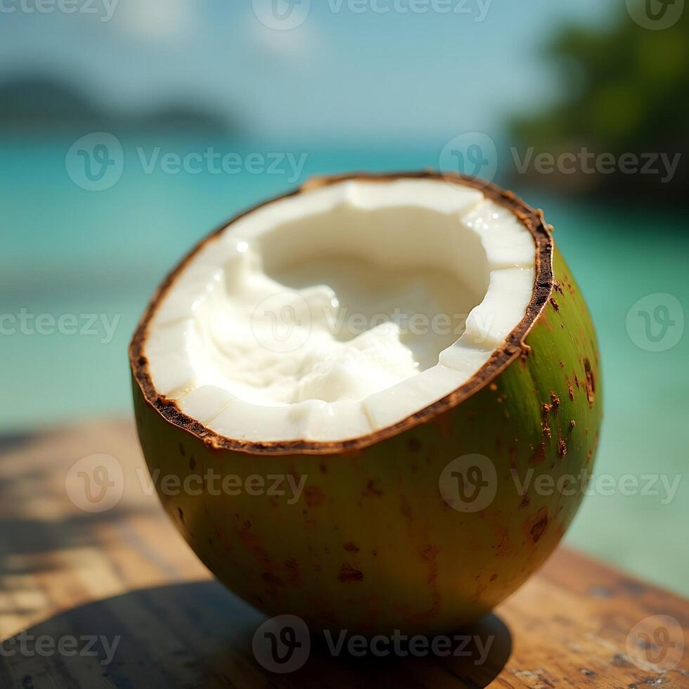 Halved Coconut on Wooden Surface with Tropical Beach Background photo