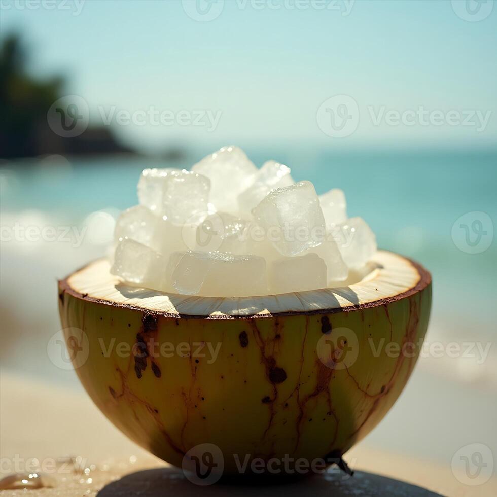 Coconut Filled with Ice Cubes on Beach Tropical Refreshment photo