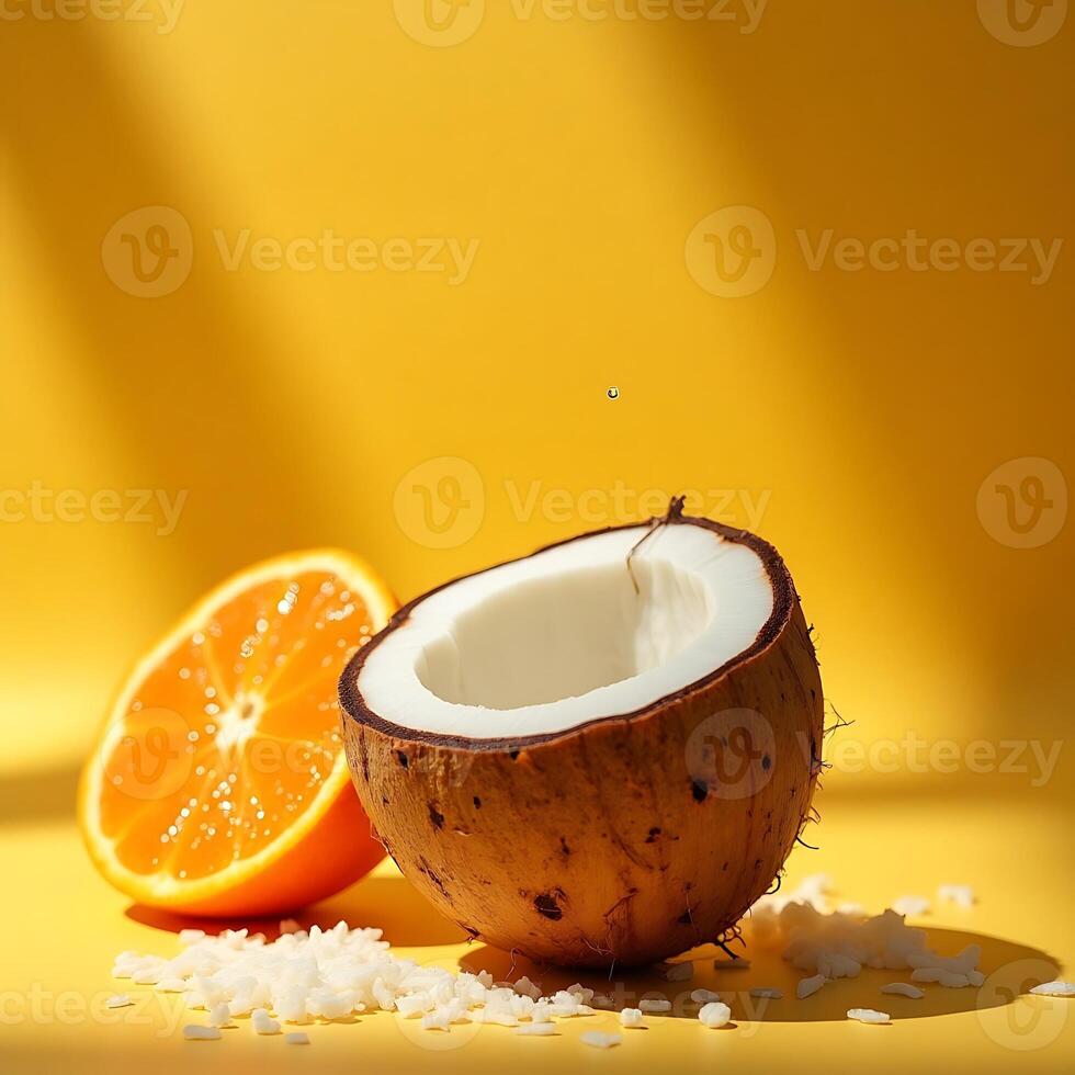Sliced Coconut and Orange on Yellow Background with Tropical Mood photo