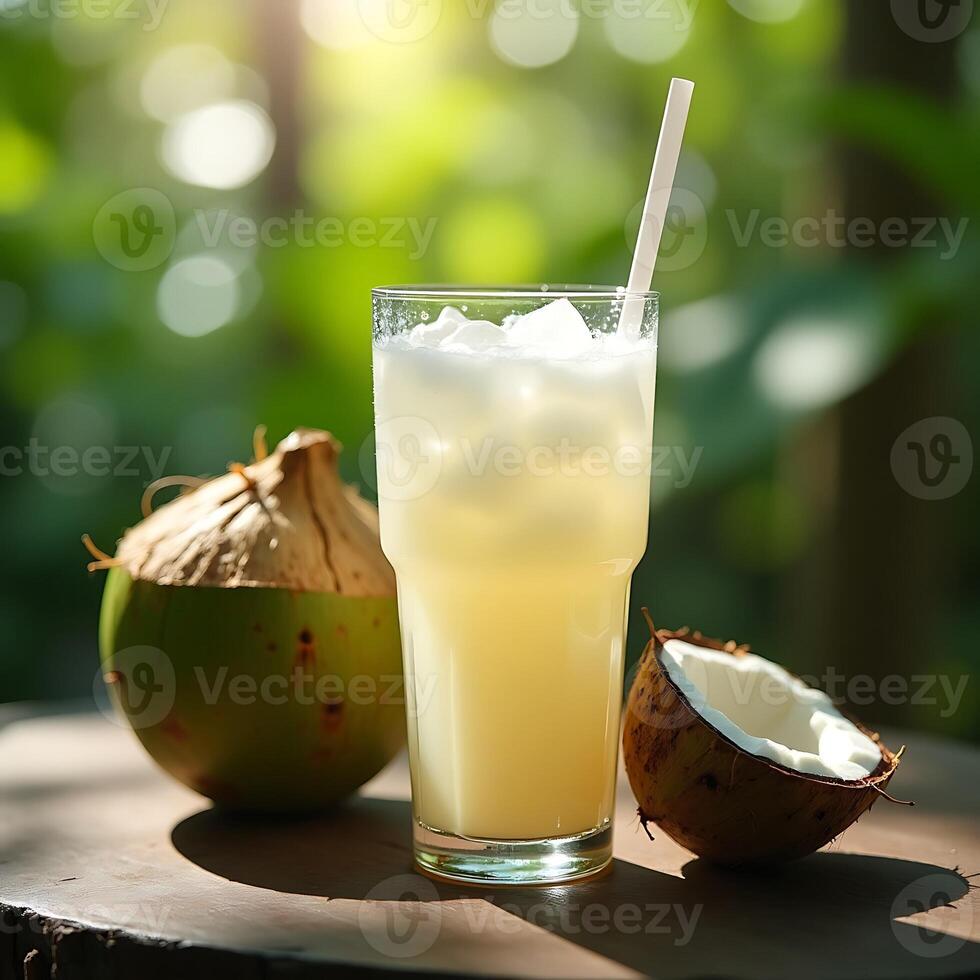 Enjoying Coconut Juice Refreshment with Straw in Glass Outdoors photo