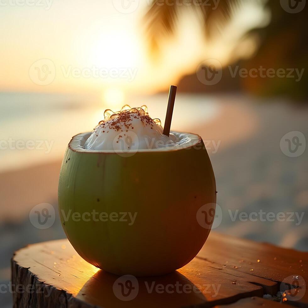 Coconut Drink on Beach at Sunset Relaxing Vacation photo