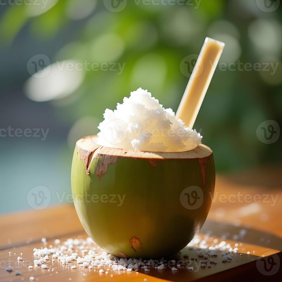 Coconut Drink with Shaved Ice and Straw Enjoying Summer photo