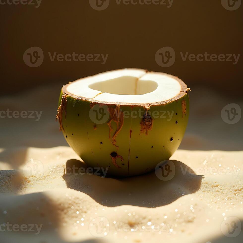 Coconut Half on Sand Fresh Tropical Food Close-up photo