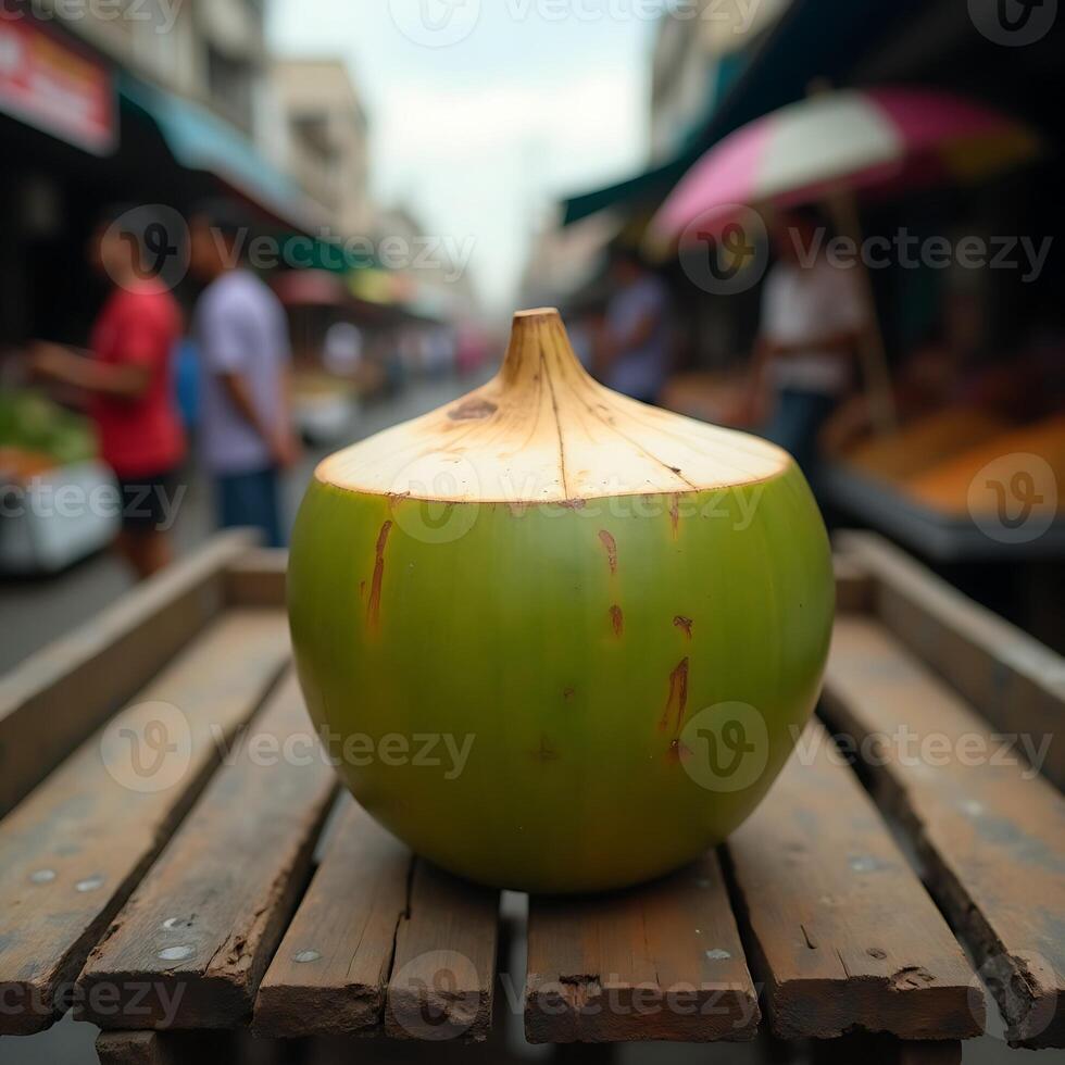 Coconut on Wooden Table at Outdoor Market photo