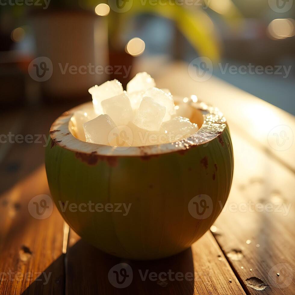 Coconut Filled with Ice Cubes on Wooden Surface in Warm Light photo