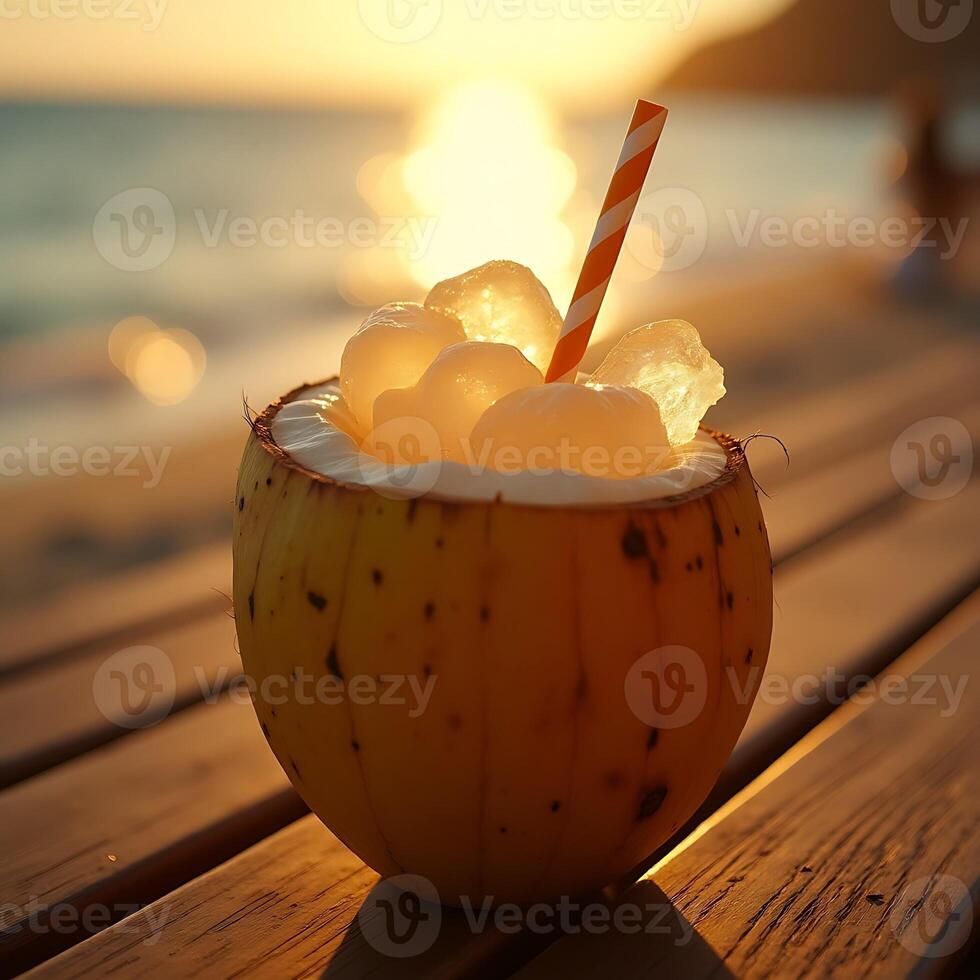 Coconut Drink on Wooden Table at Sunset Beach Vacation photo