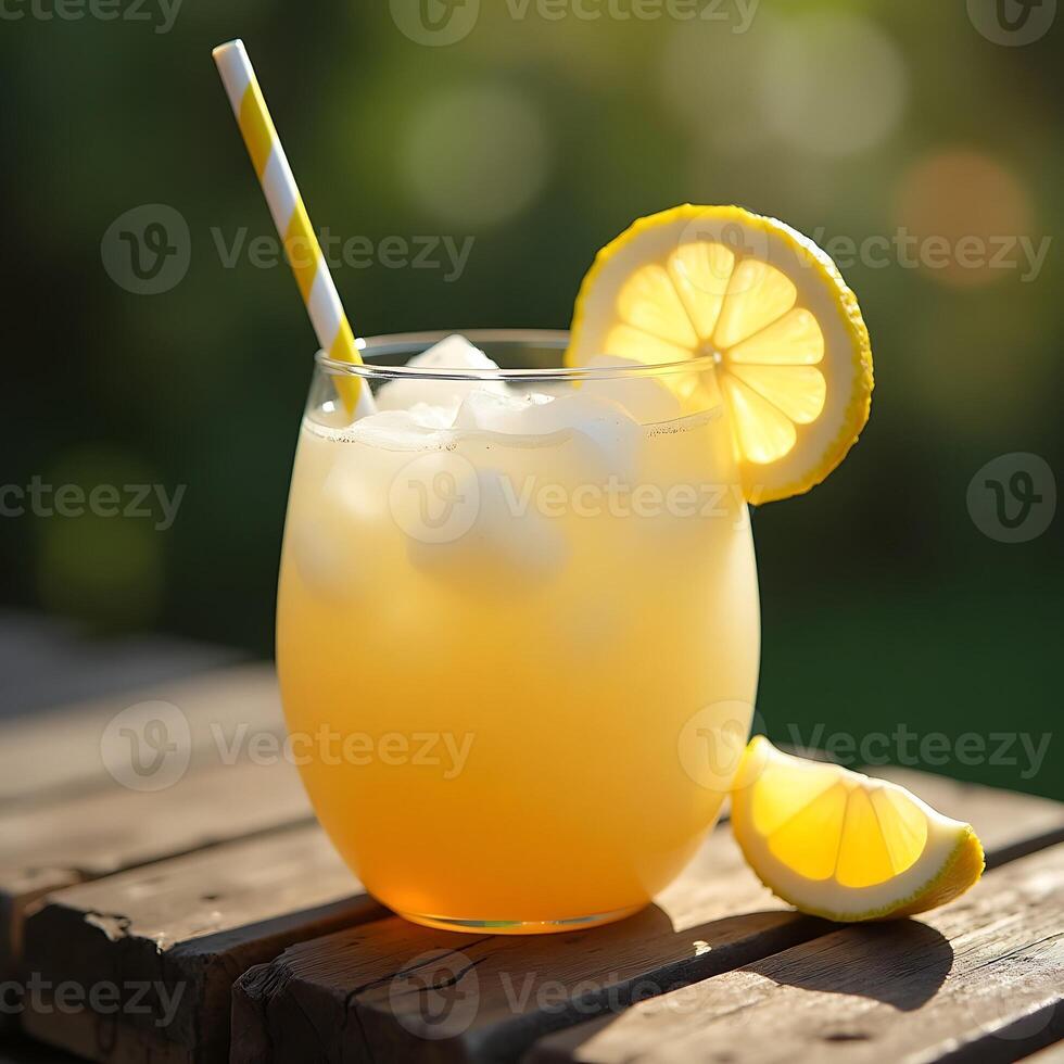 Preparing Refreshing Lemonade Drink with Yellow Straw and Lemon Slice photo