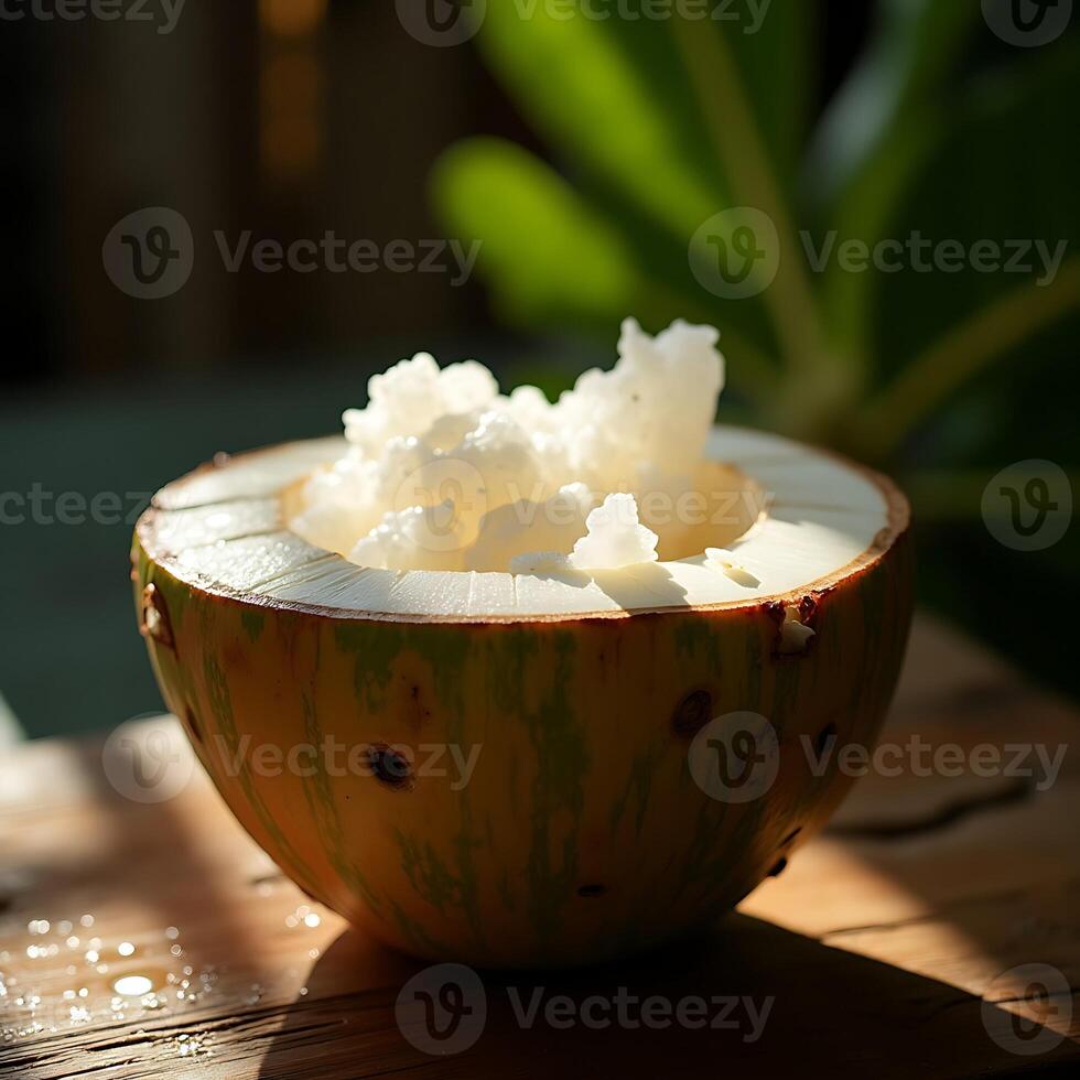 Eating Fresh Coconut Fruit with Soft Pulp Inside on Wooden Table photo