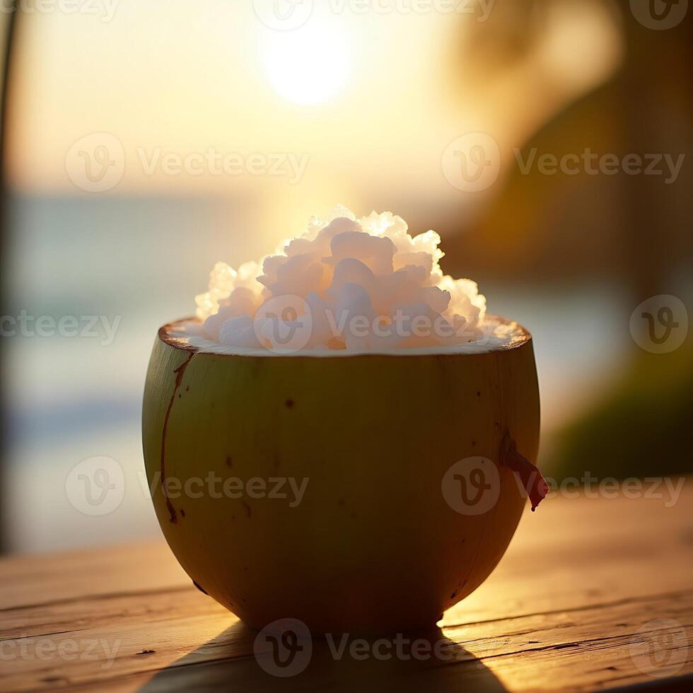 Coconut Filled with White Ice at Golden Hour Near Ocean photo